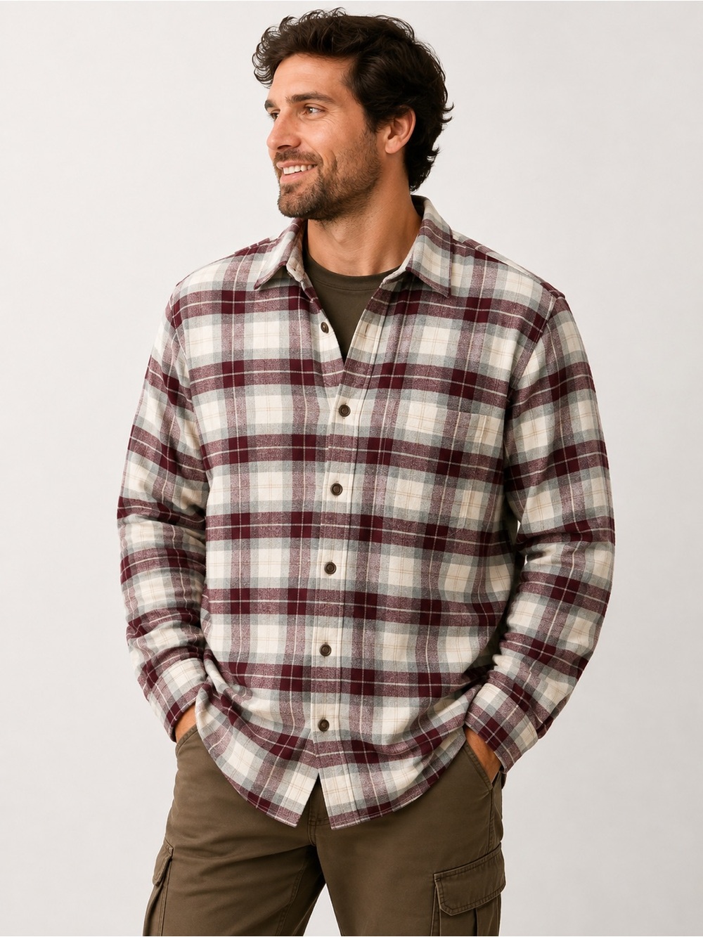 Roots Men’s M Burgundy Grey Plaid 100% Cotton Flannel Button Up Shirt